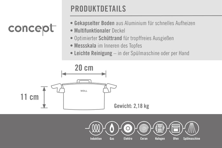 Woll Concept Kochtopf mit Deckel - Induktiv -, Ø 20 cm, 11 cm hoch, 3,4l - Geeignet für alle Herdart