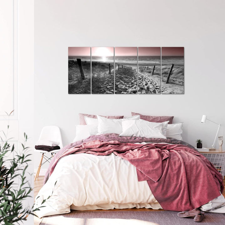 Runa Art Wandbild XXL Strand Sonnenuntergang Schlafzimmer Wohnzimmer 200 x 80 cm Grau Rosa 5 Teilig