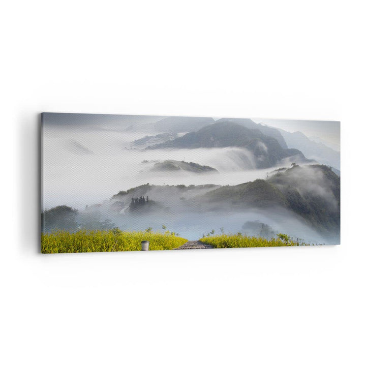 Wandbilder Dekoration Wohnzimmer Berg Nebel Landschaft Morgen Panorama Bilder auf Leinwand 120x50cm