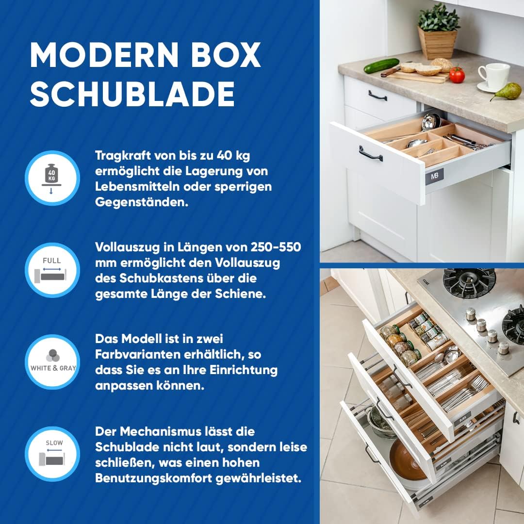 GTV - Modern Box Schublade I L=250mm H=83 mm I Grau I Leises Schliessen I Belastung bis zu 40 kg I E