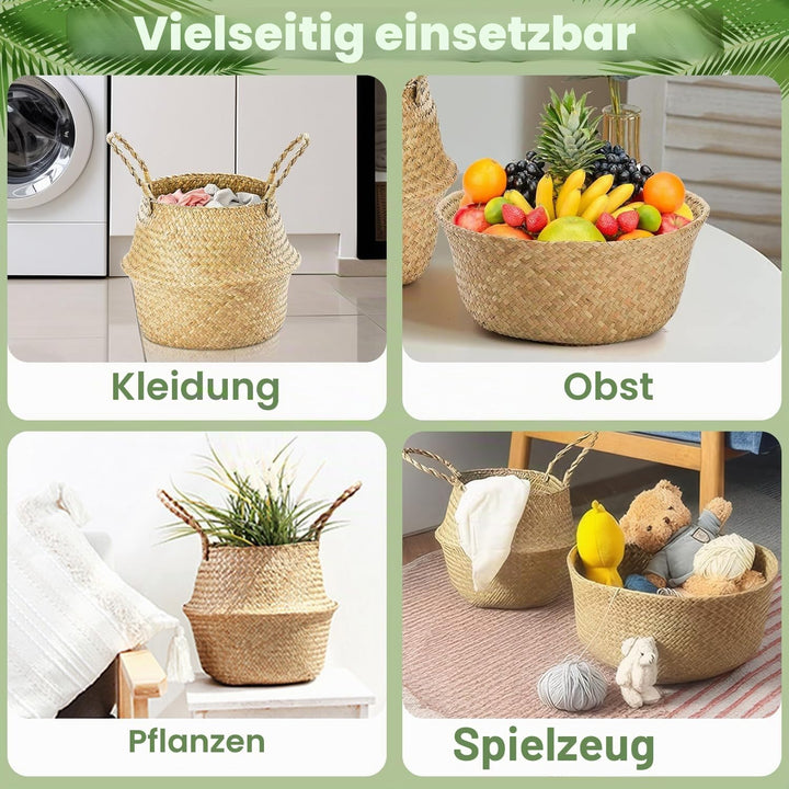 2 Stück Seegras Korb, Rund Wäschekorb mit Henkel, Gewebt Körbchen Übertopf Bastkorb, Blumentopf Körb