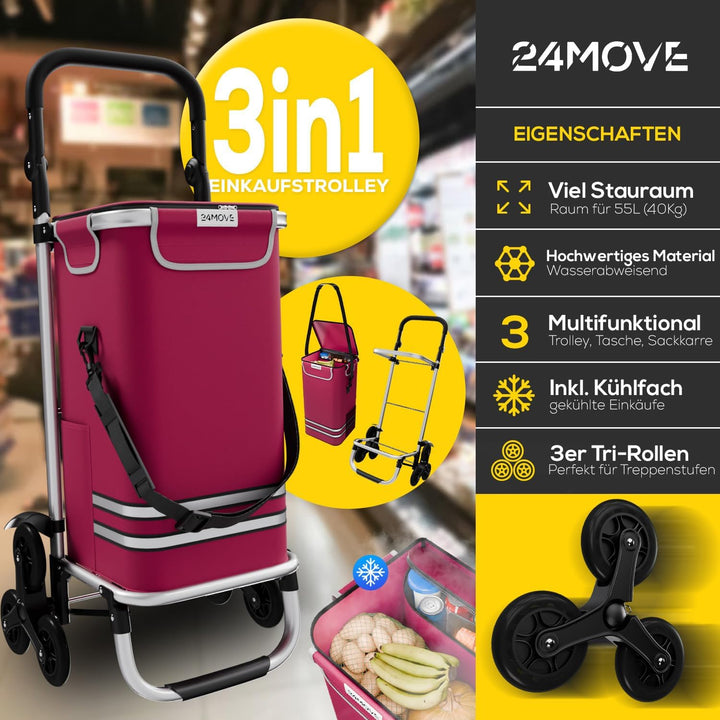 24MOVE® Einkaufstrolley Alegre klappbar mit 55L inkl. Kühlfach, Faltbarer 3in1 Trolley - Sackkarre u