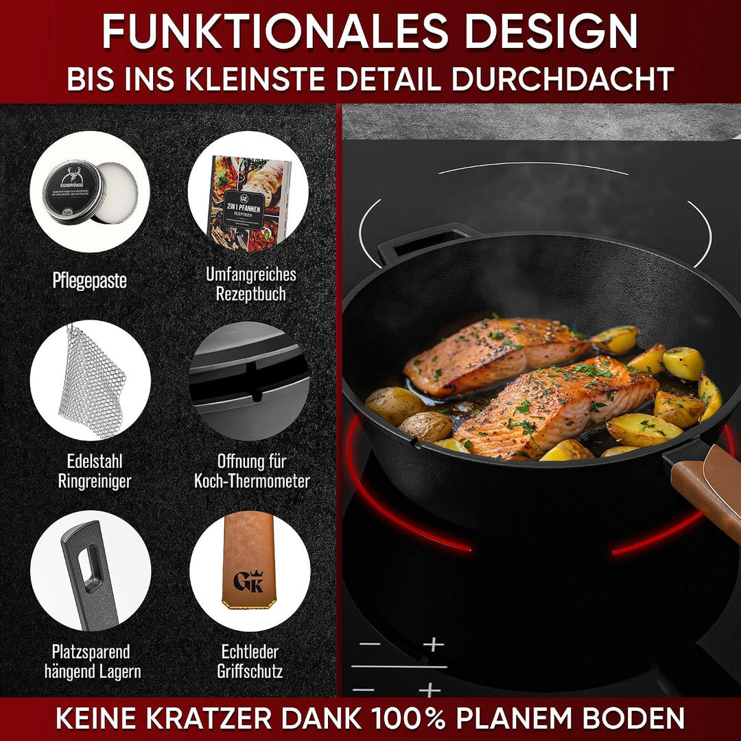 Dutch Oven - 2in1 Eingebrannter Gusseisen Topf 3L &amp; Gusspfanne 1,5L-Cast Iron Pot mit Schmortopf Dop