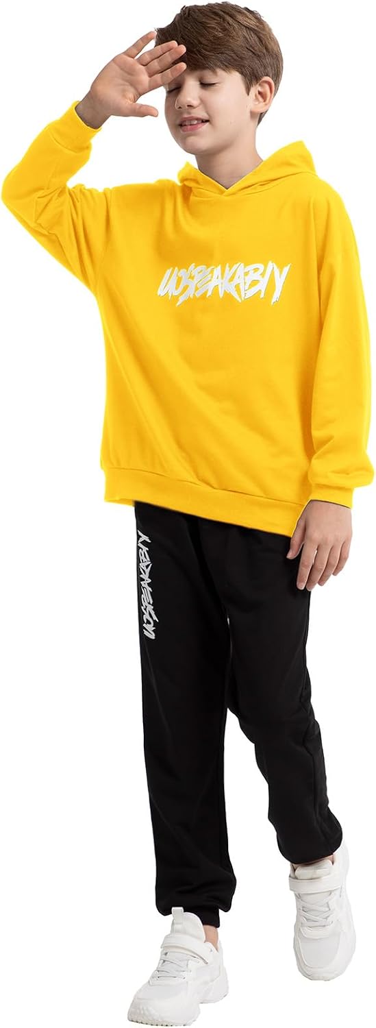 amropi Jungen Hoodie Trainingsanzug Sweatshirt Top und Jogging Hose Kleidungsset (Gelb, 13-14 Jahre)
