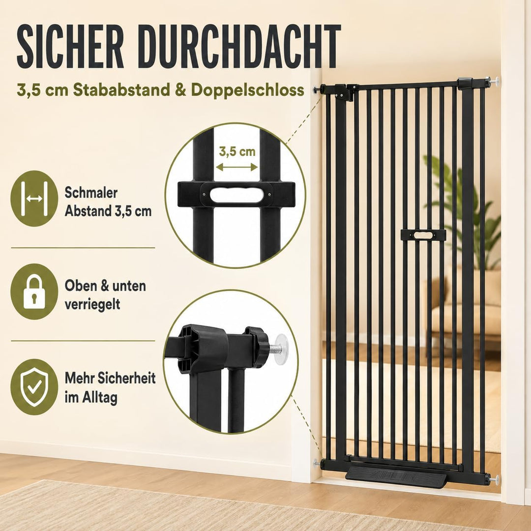 Kindergitter 150cm ausziehbar mit Einhandgriff und Doppelverriegelung Schwarz/Höhe:150 Cm/76-85 Cm B