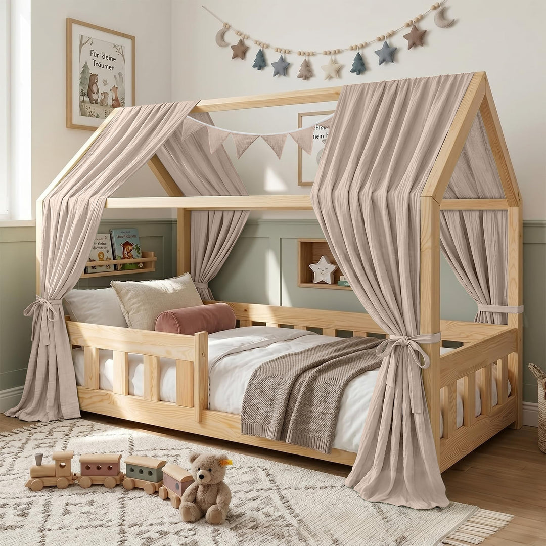 Hausbett Himmel Kinder Betthimmel Kinderbett mit 3m Wimpelkette, Hellgrau Hellgrau H320 x B67 cm (2e