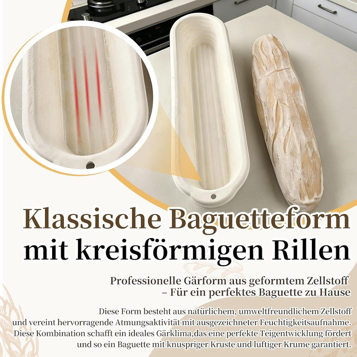 Baguette Gärkorb Set aus Zellstoff – 6er Pack mit 6 Leinentüchern – Längliche Brotbackformen für Sau