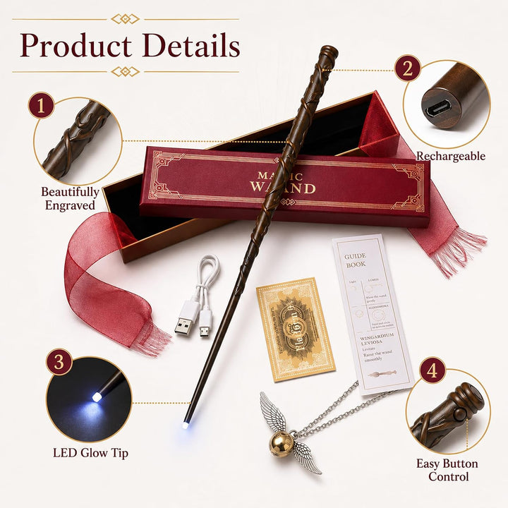 Zauberstab Hermine Granger mit Licht, 37CM Hermine Zauberstab, USB Wiederaufladbar Magic Wand, Zaube
