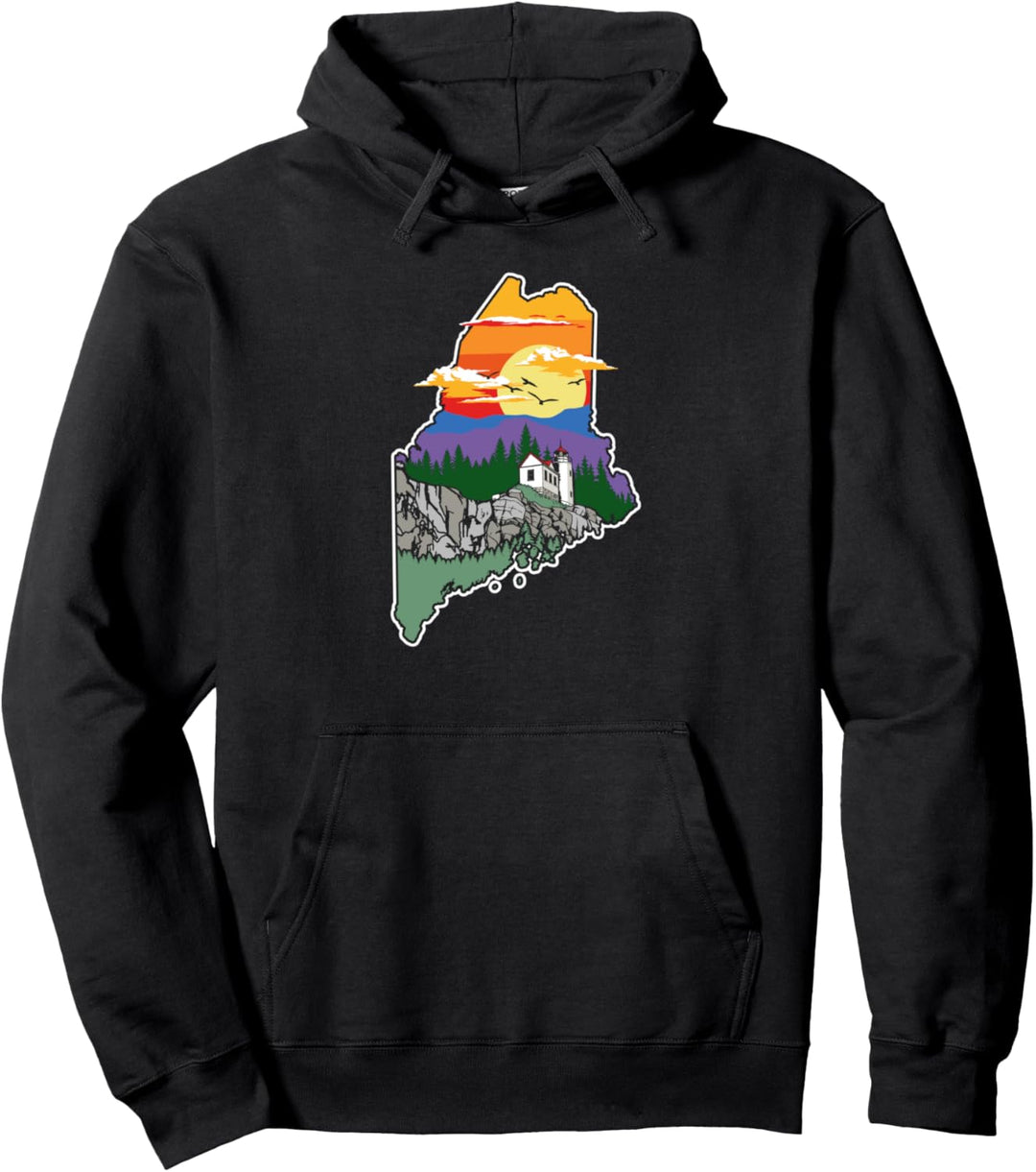 Retro Maine Nature &amp; Outside Lover Illustrated Graphic Pullover Hoodie