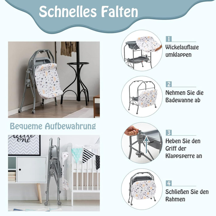 DREAMADE 2 in 1 Wickeltisch &amp; Badewanne mit Gestell, Wickeltisch Klappbar, Wickelkommode auf Rollen