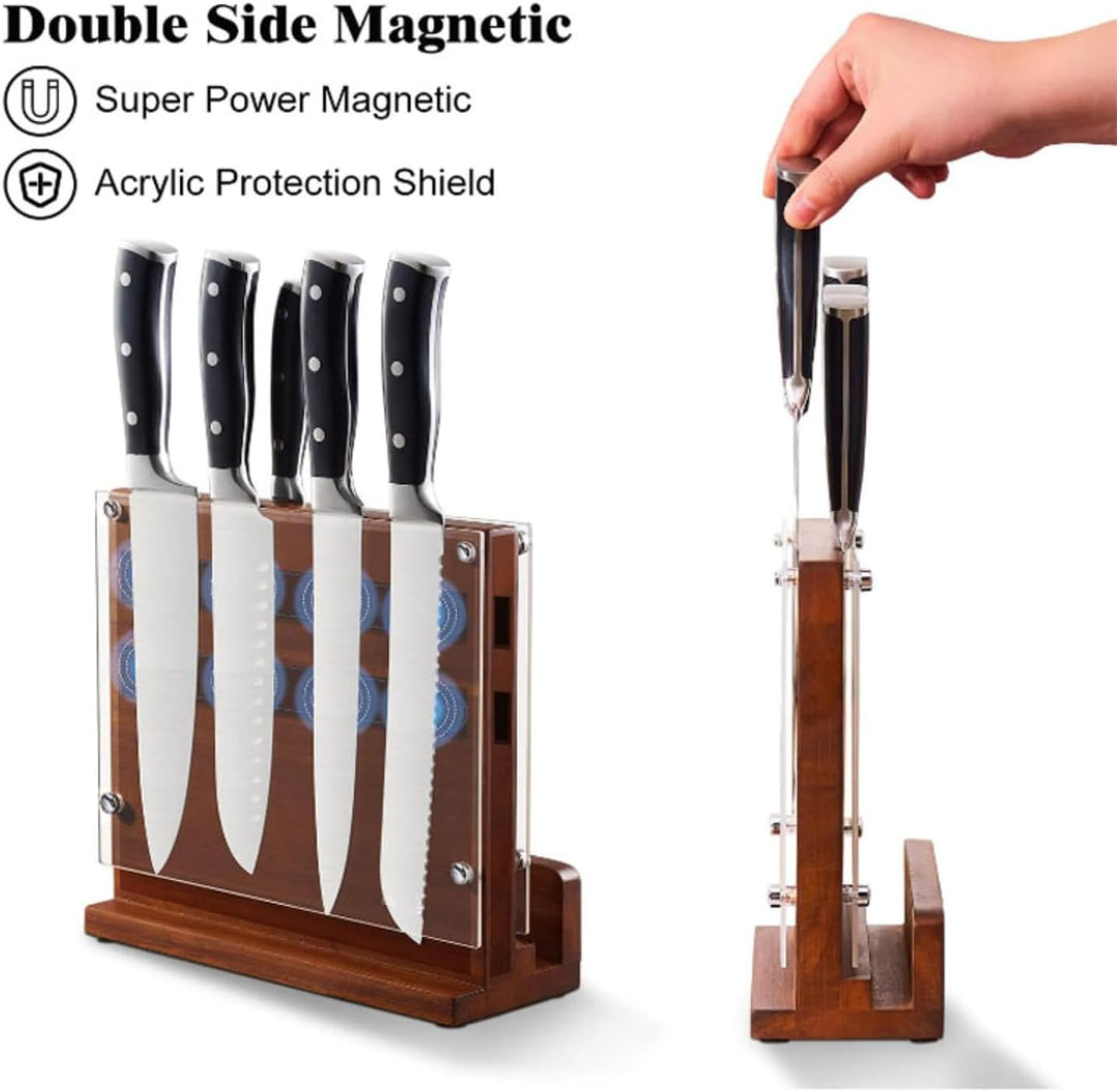 Magnetischer Messerblock aus Akazienholz mit Acrylschutz – Beidseitiger Messerhalter für bis zu 14 M