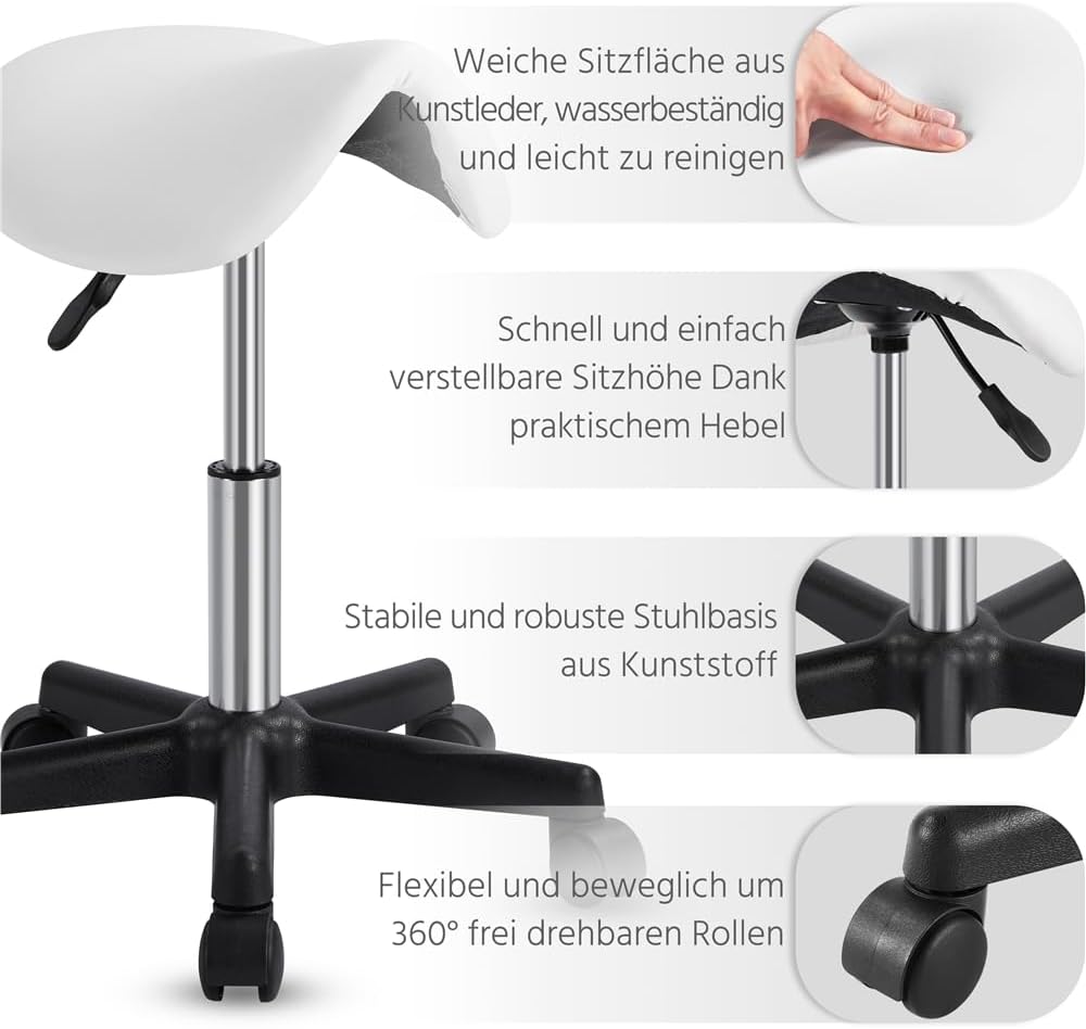Yaheetech Sattelhocker Weiss mit Höhenverstellbaren 5 Rollen, Weiss
