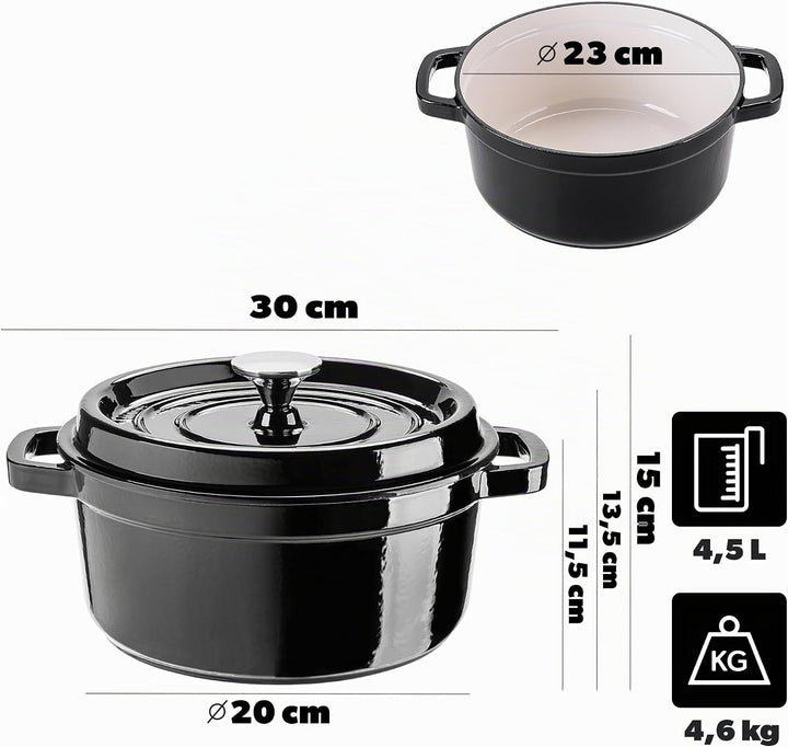 KADAX Gusseisentopf 4,5 Liter, Ø 23 cm, Schmortopf aus emailliertem Gusseisen, Rund Topf mit Deckel,