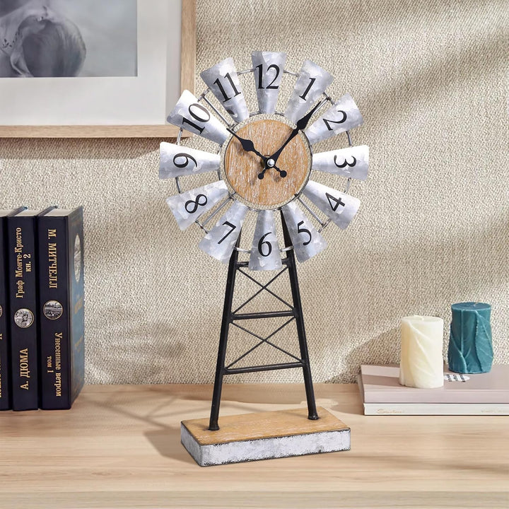 MODE HOME Verzinkte Windmühlen-Tischuhr auf Ständer, Vintage-Schreibtisch- und Regaluhr, dekorative