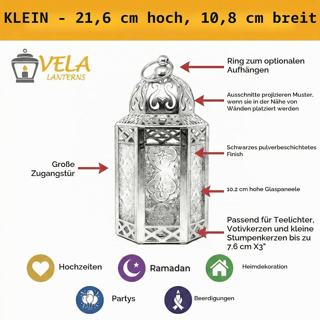 Dekorative marokkanische Laterne aus schwarzem Metall mit Kerzenhalter für Halloween – Innen-/Aussen