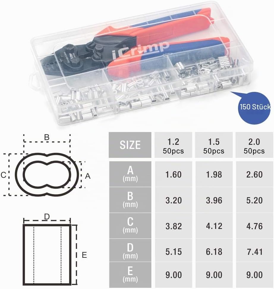 iCrimp CWR1522 Drahtseil Crimp Set 150 Hülsen mit Schneider 0.1 mm - 2.2 mm (with 150 Aluminum Sleev