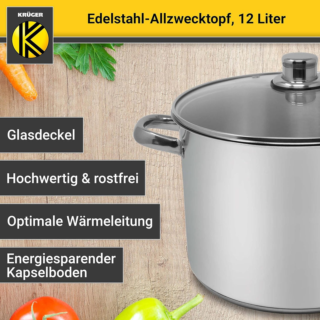 Krüger Edelstahl-Allzwecktopf - Kochtopf mit Deckel zum Sichtkochen - energiesparender Kapselboden -