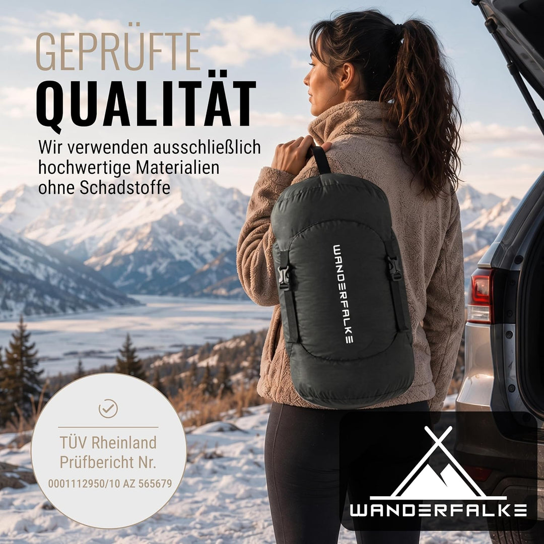 WANDERFALKE® Premium Schlafsack Erwachsene (Alpinist/Wanderer), 3-4 Jahreszeiten (480GSM) &amp; Sommersc