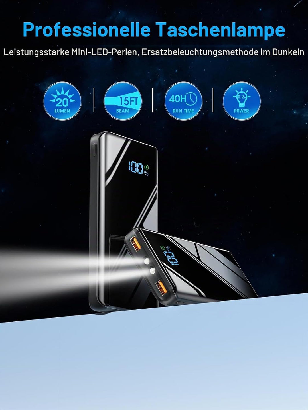 Power Bank 20000mAh Powerbank Schnellladefunktion 22.5W USB C LED Display Keine Kabel, Keine Kabel
