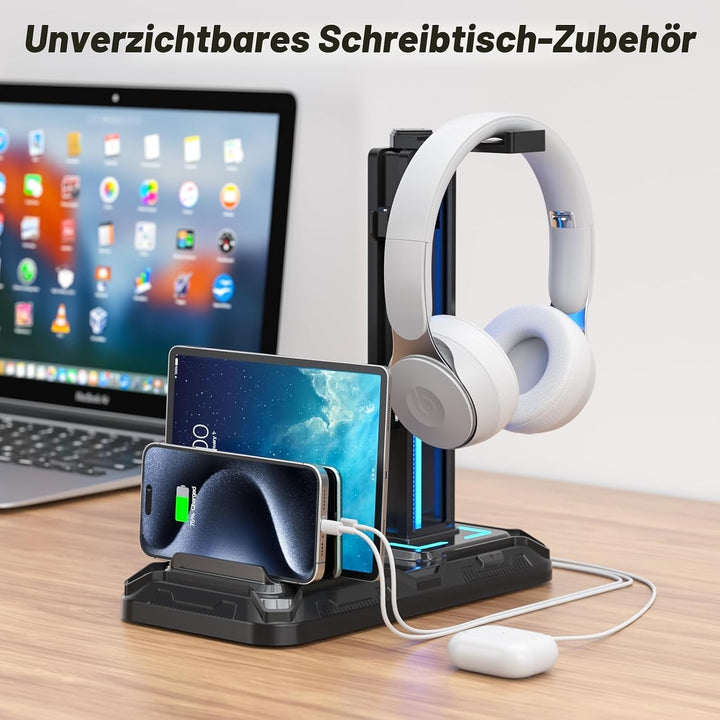 KDD Headset Halterung Led mit Ladestation - PS5 Controller Halter &amp; Kopfhörer Ständer Tisch mit 9 Li