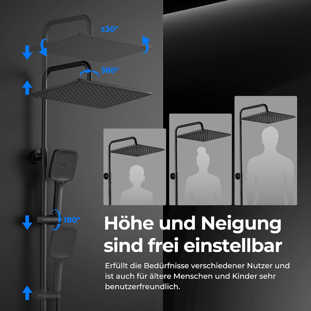 JOHO Edelstahl Duschsystem ohne Armatur, Regendusche Duschset Wassersparend mit Kopfbrause 30x30 cm