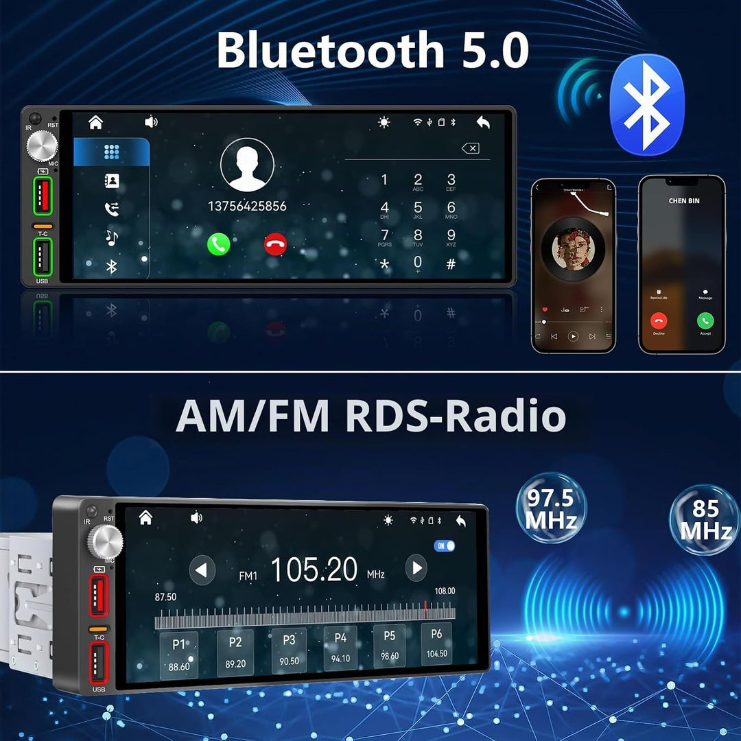 DAB+ 6,9 Zoll 1 Din Autoradio mit drahtlosem CarPlay &amp; Android Auto, Bluetooth, Full Touch Autoradio