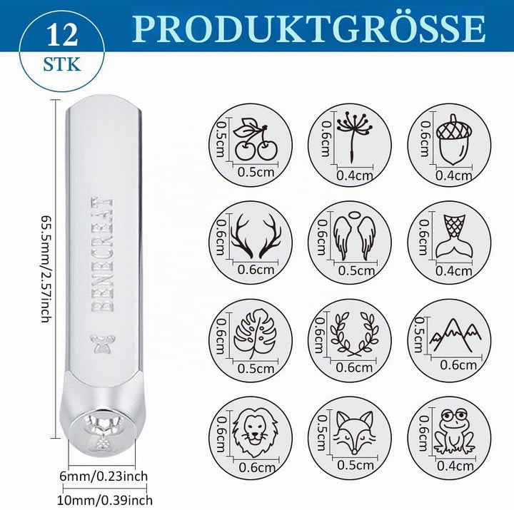 BENECREAT 12 Packs (6mm 1/4") Matte Design Metallstempelstanzen mit Werkzeugkoffer für Schmuck Leder