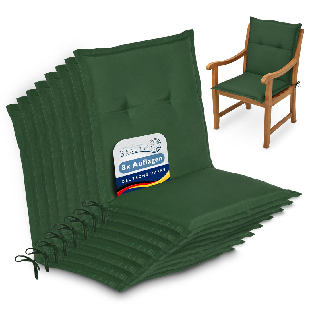 Beautissu 8er Set Niedriglehner Auflage Gartenstuhl Sitzkissen Rückenkissen Dunkelgrün 8 Auflagen, D