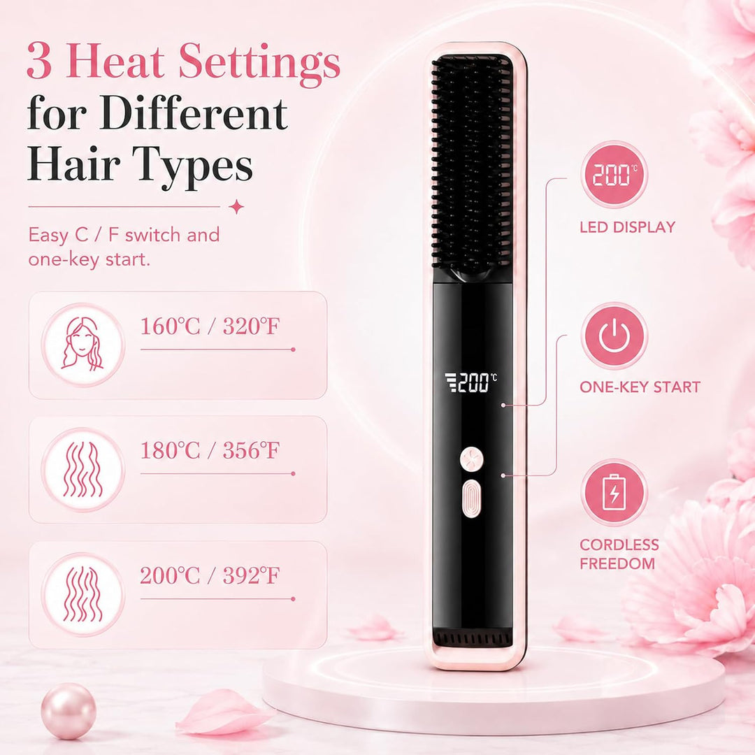 Glättungsbürste mit Kalter Wind, Kabellos Glättungsbürste für Haarstyling, Wiederaufladbare Beheizte