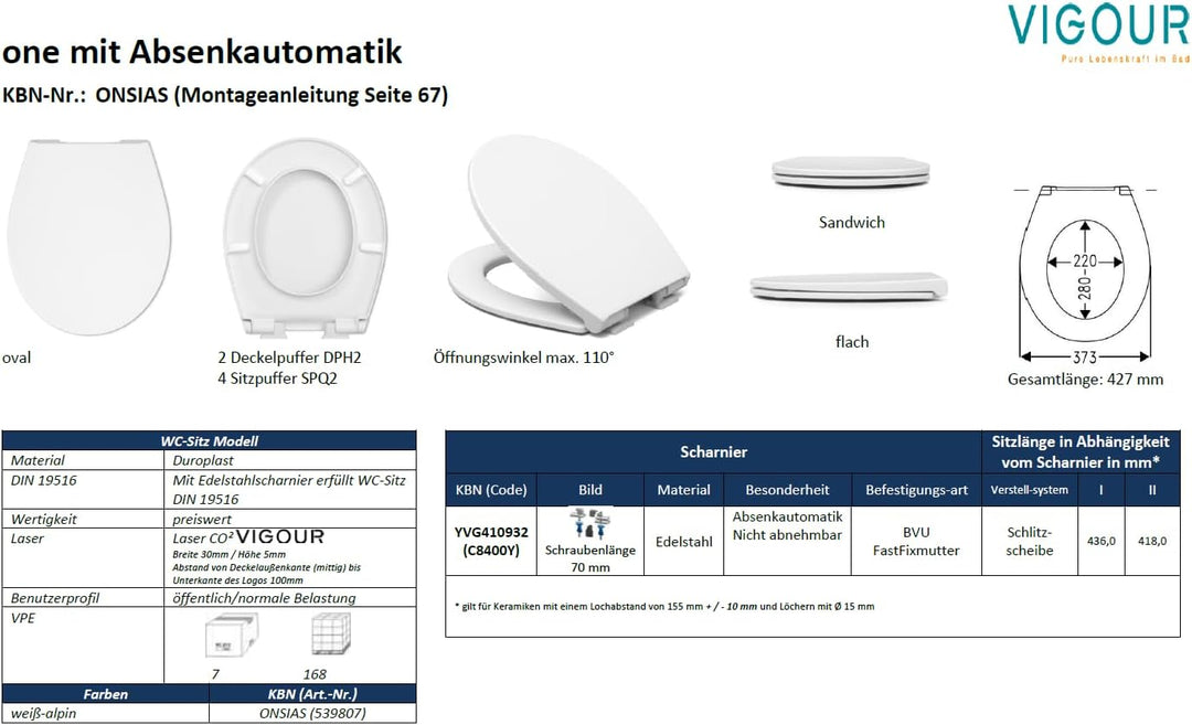 VIGOUR WC-Sitz one mit Deckel &amp; Absenkautomatik weiss | ONSIAS