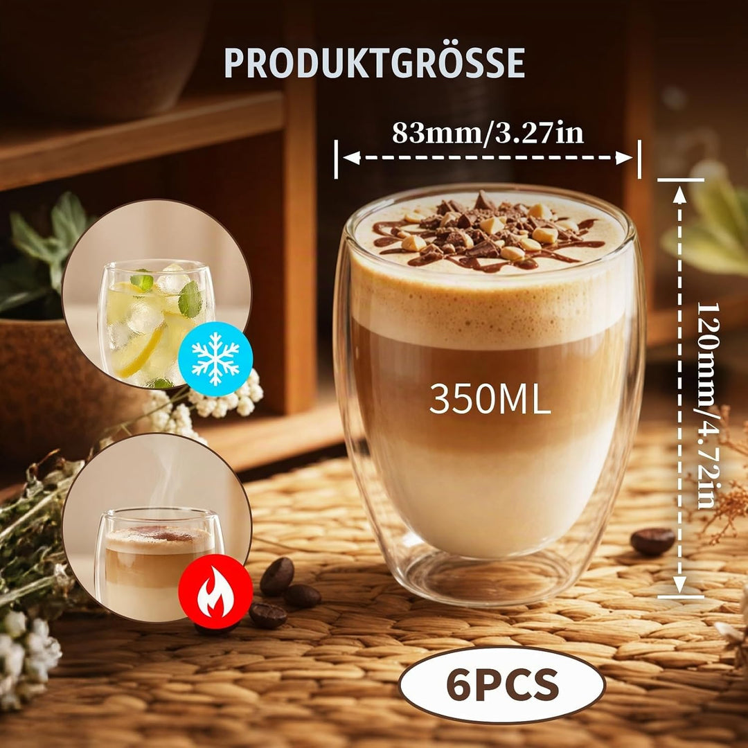 Latte Macchiato Gläser 6er Set, Cappuccino Tassen, 350ml Doppelwandiges Kaffeegläser, Schwebeeffekt,