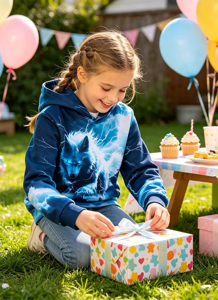 AIDEAONE Jungen Mädchen 3D Hoodie Kapuzenpullover Sweatshirt Mit Kapuze, Wolf Blitz 6-7 Jahre