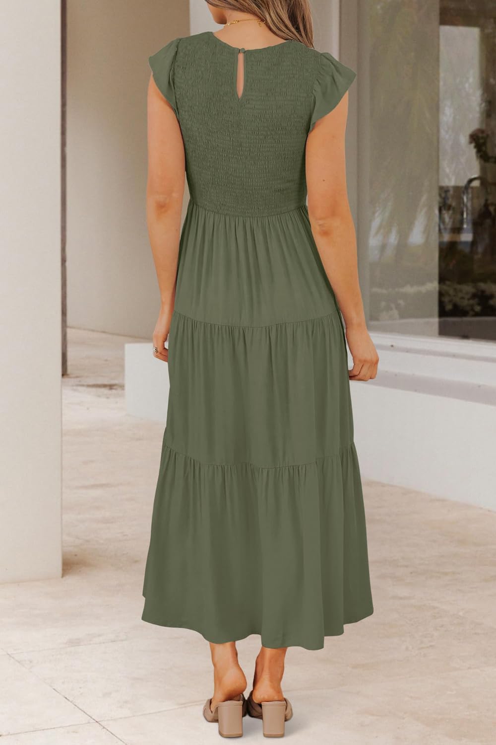 Damen Sommerkleid A Linie Kleider Kurzarm Kleid Midi Freizeitkleid L Armeegrün, L Armeegrün