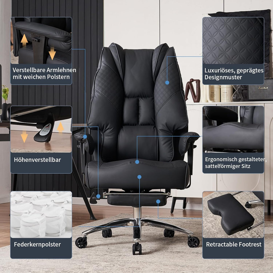 XXL Bürostuhl Ergonomisch, Chefsessel mit Hoher Rückenlehne, Verstellbaren Armlehnen und Breitem Sit