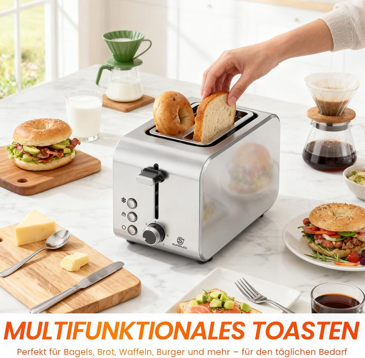 Toaster 2 Scheiben Doppelschlitz Edelstahl 850W Kompakt Frühstück