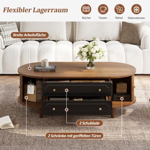 Merax Wohnzimmer Couchtisch – Walnussholz + Schwarz, 100 x 50 x 36 cm, 2 Rolltüren, 2 Schubladen, Be