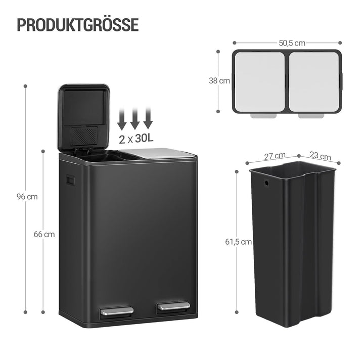 Hzuaneri Mülleimer Küche, 2 x 30 L, Mülltrennsystem 2 Fächer 60 L, Edelstahl-küchenmülleimer, Tretmü