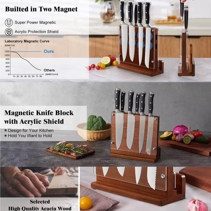 Magnetischer Messerblock aus Akazienholz mit Acrylschutz – Beidseitiger Messerhalter für bis zu 14 M