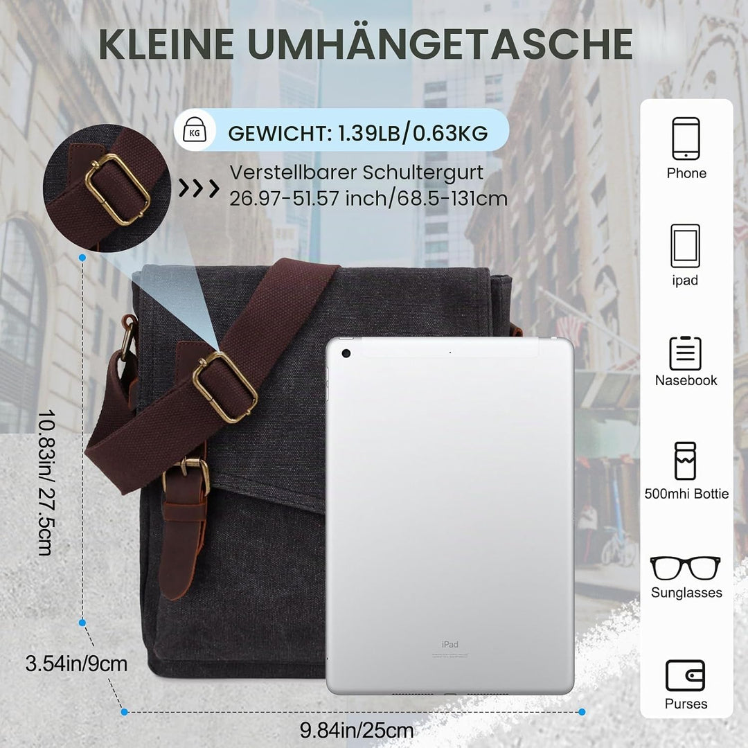 Umhängetasche Klein für Herren Canvas Messenger Bag Dunkelgrau, Dunkelgrau