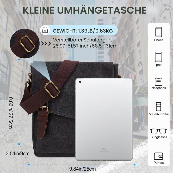 Umhängetasche Klein für Herren Canvas Messenger Bag Dunkelgrau, Dunkelgrau