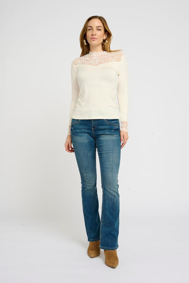 Cream CRTrulla Jersey Blouse Damen Bluse Spitze Langarm Elegant Rundhals Oberteil Stehkragen XS Eggn