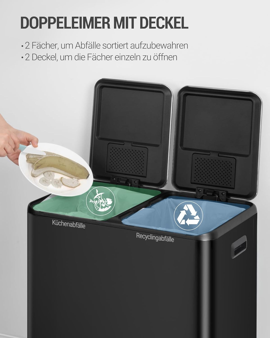 Hzuaneri Mülleimer Küche, 2 x 30 L, Mülltrennsystem 2 Fächer 60 L, Edelstahl-küchenmülleimer, Tretmü