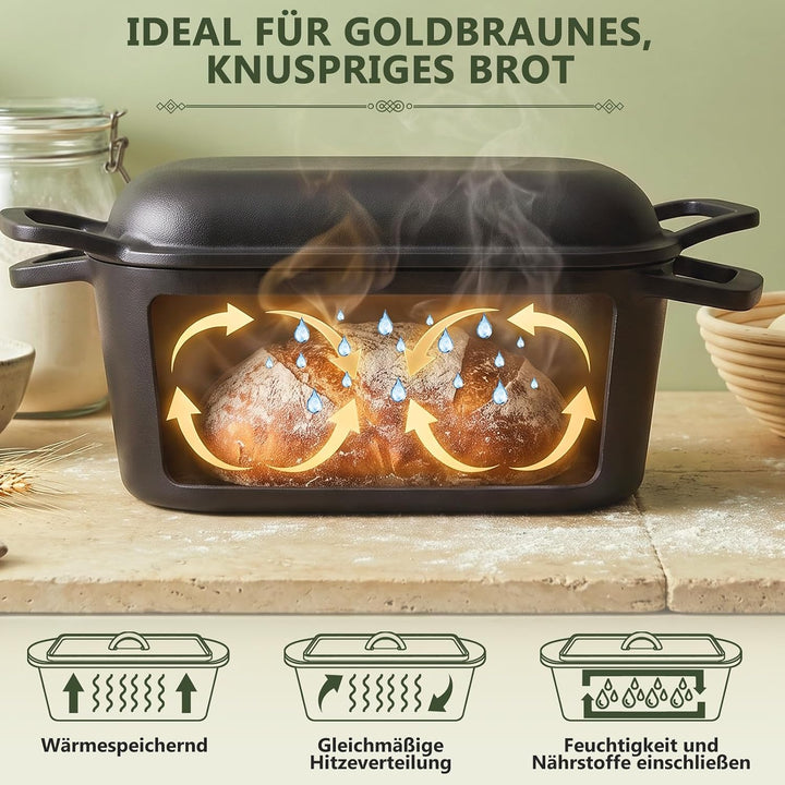 Gusseisen Topf Brot Backen 35cm, Robuste Brotbackform mit Deckel, Gusseisentopf Brotform, Idealer Br