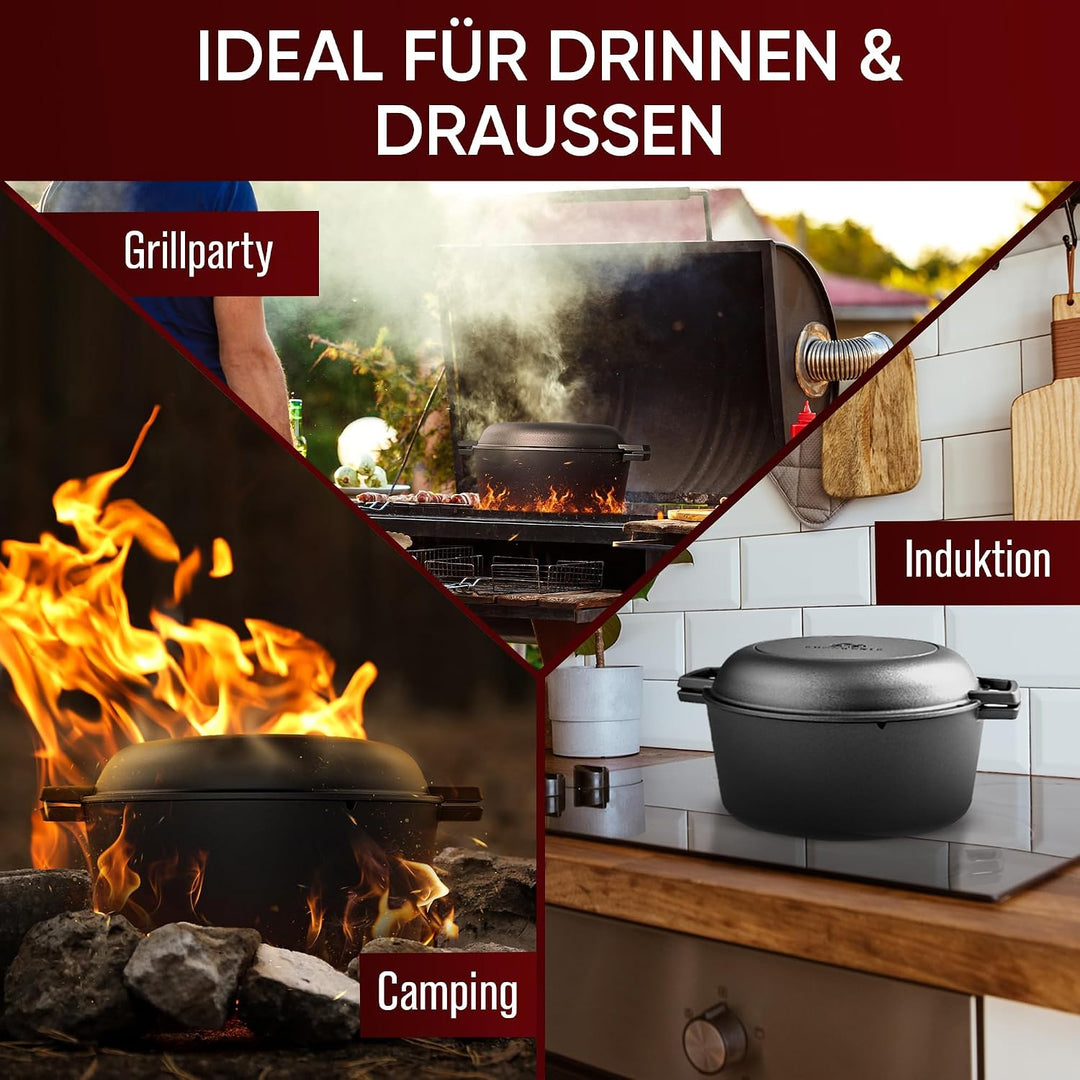 Dutch Oven–2in1 Eingebrannter Gusseisen Topf 4,8 L &amp; Gusspfanne 1,8 L–Dutch Oven Set mit Schmortopf