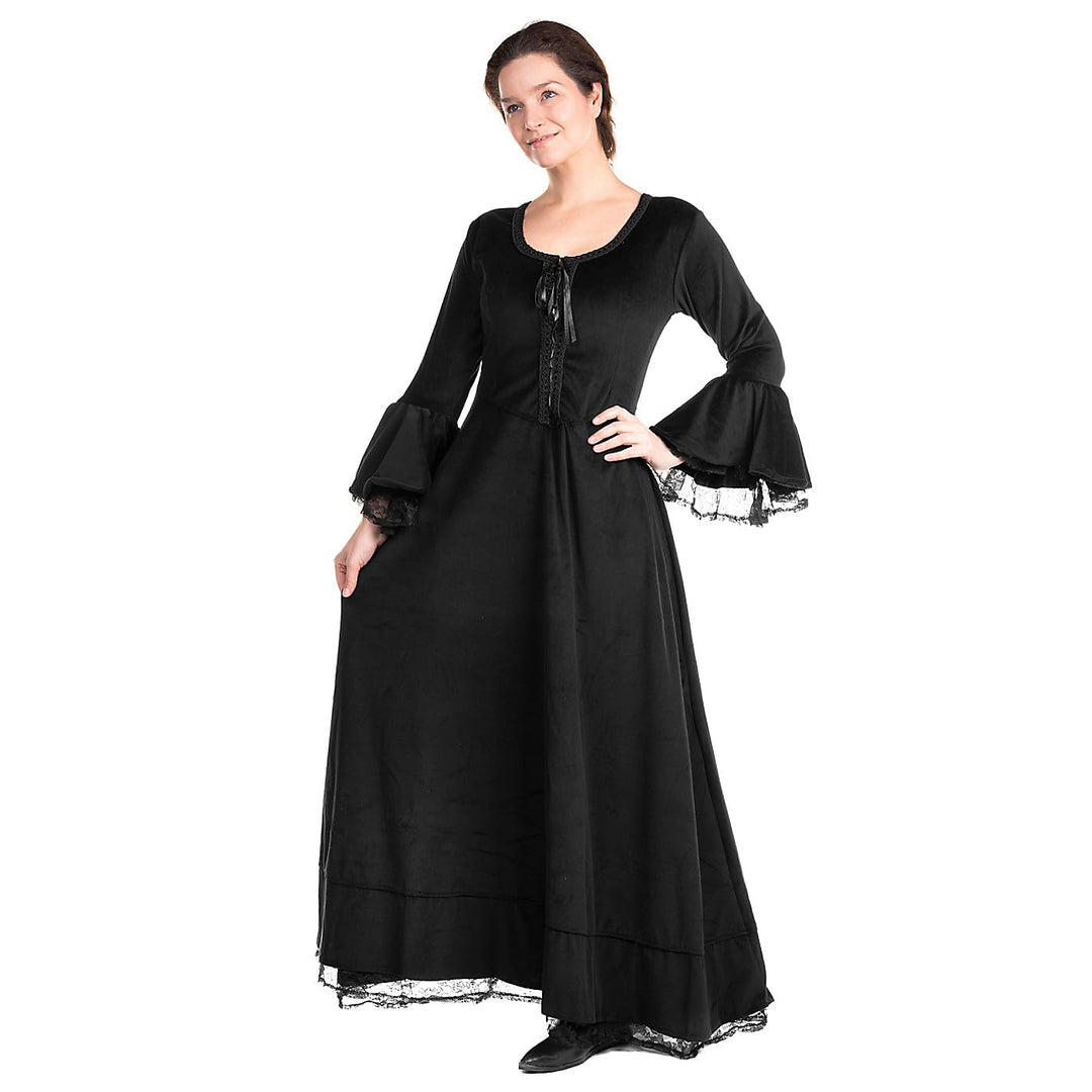 Maskworld Gothic Vampirkleid mit Spitze – Langes Damen Maxikleid mit Samt-Optik &amp; Trompetenärmeln -