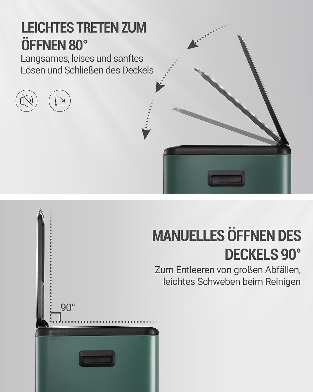 Hzuaneri Mülleimer Küche, 2 x 30 L, Mülltrennsystem 2 Fächer 60 L, Edelstahl-küchenmülleimer, Tretmü