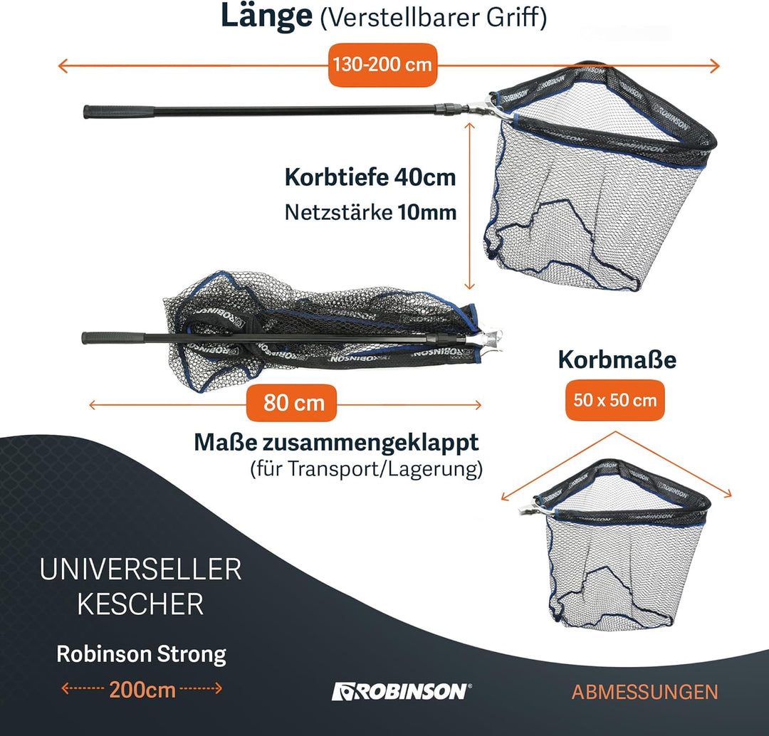 Robinson Gummierter Kescher | Teleskop Unterfangkescher mit Alurahmen 2,0m, 2,0m
