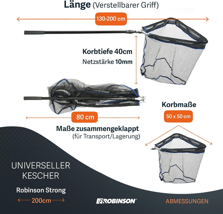 Robinson Gummierter Kescher | Teleskop Unterfangkescher mit Alurahmen 2,0m, 2,0m