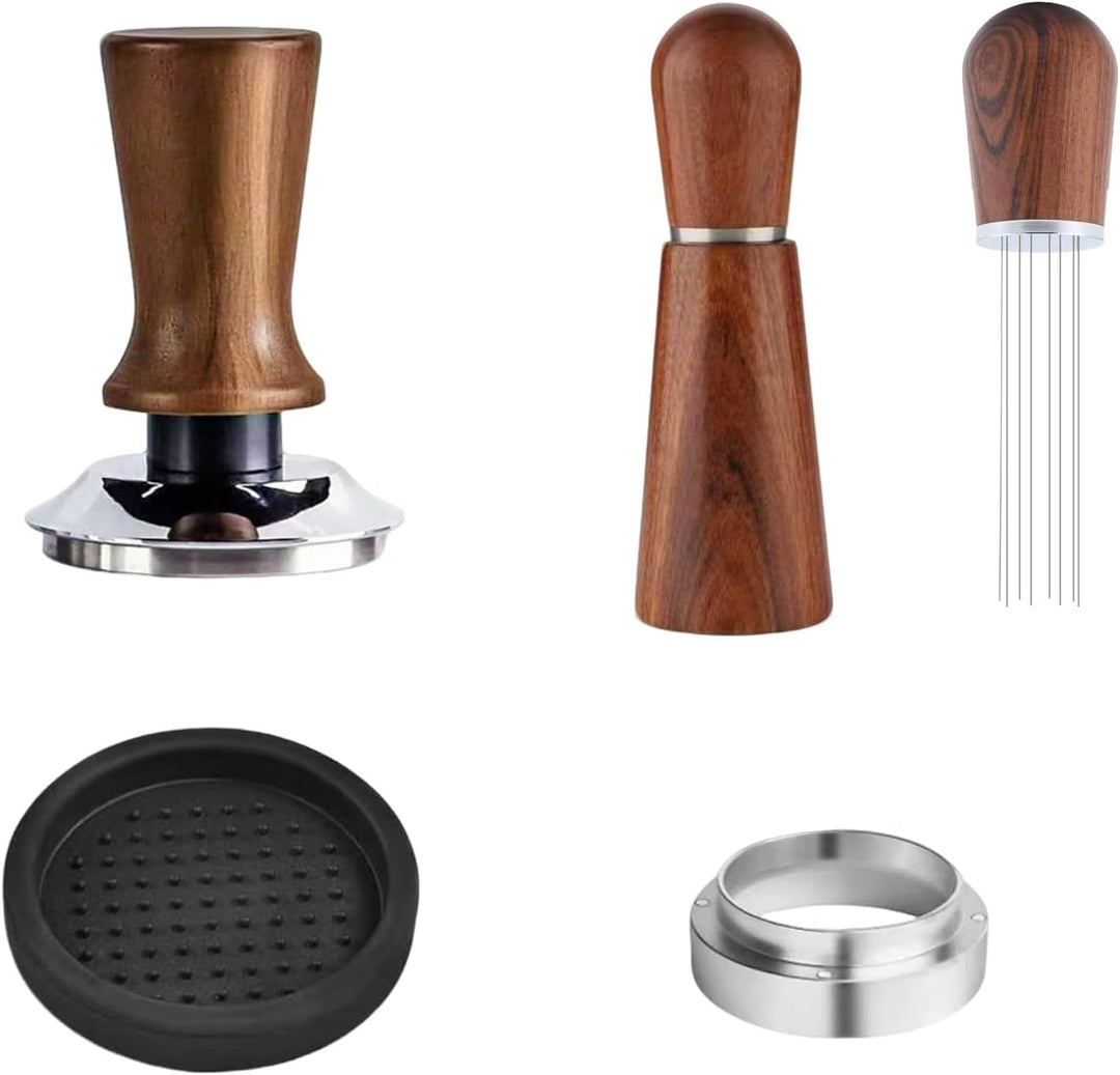 51mm Kaffee Tamper Set Verstellbar, Holzgriff Edelstahl Espresso Stampfer