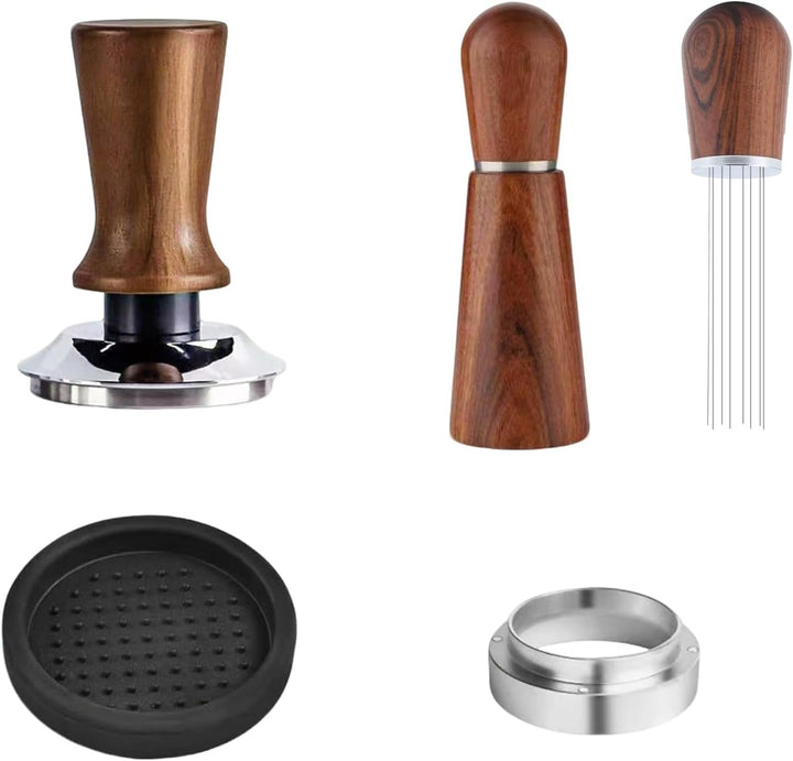 51mm Kaffee Tamper Set Verstellbar, Holzgriff Edelstahl Espresso Stampfer